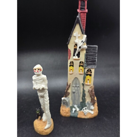 Vtg Halloween Village Rare Set  Poly Resin 3.5"/6.5" Skinny 4 Houses 4 Figures - Picture 9 of 16